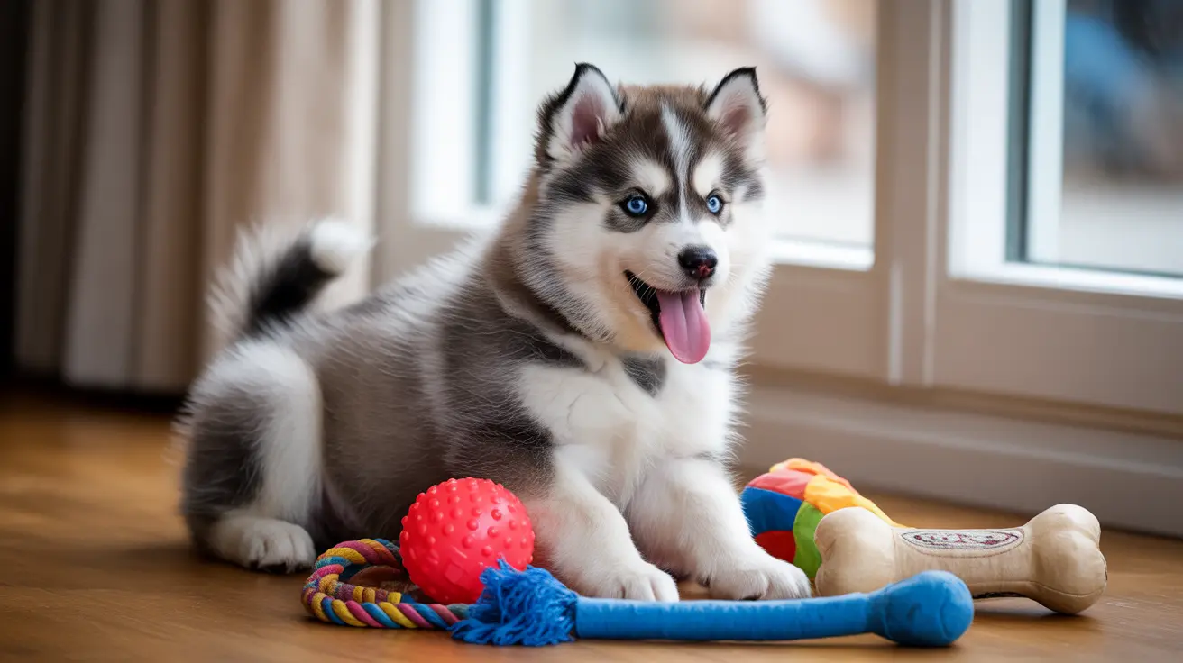 A playful Siberian Husky puppy sitting among colorful dog toys near a window