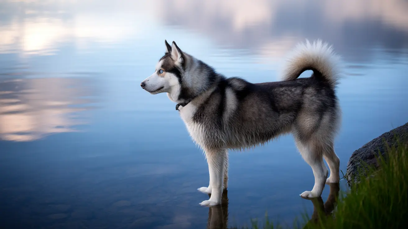 Siberian Husky standing on rocky edge near water with misty blue background