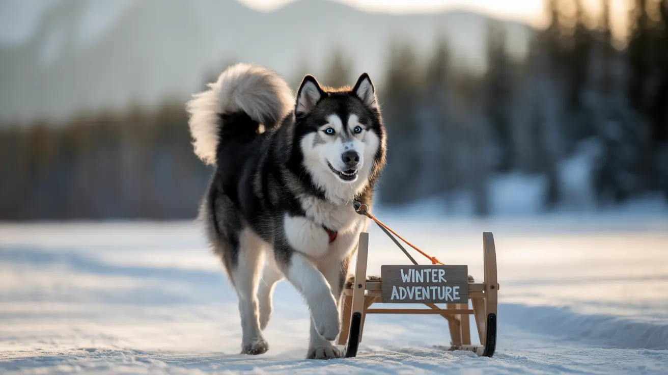 A Siberian Husky pulling a wooden sled with a Winter Adventure sign through a snowy landscape