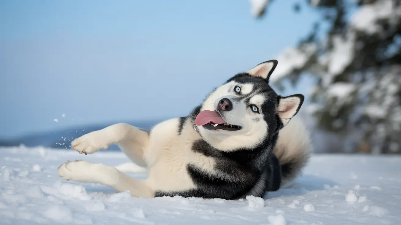 A playful Siberian Husky lying in the snow with a happy, tongue-out expression