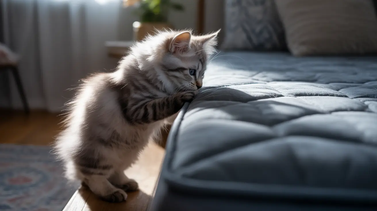 A fluffy white and gray Siberian kitten standing near a gray couch with soft backlighting