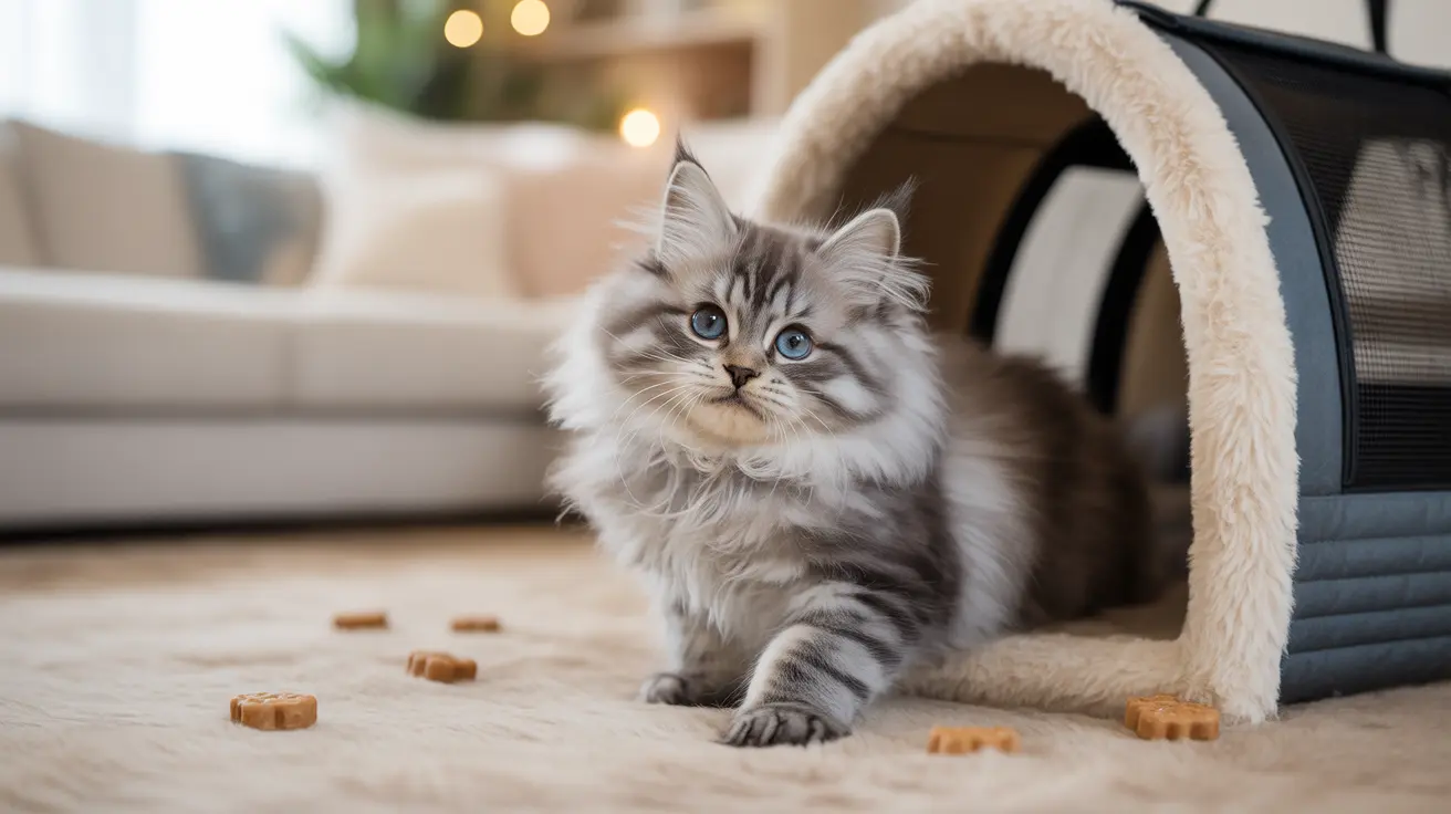 Fluffy Siberian kitten with blue eyes sitting near a modern cat tunnel with scattered treats on the floor