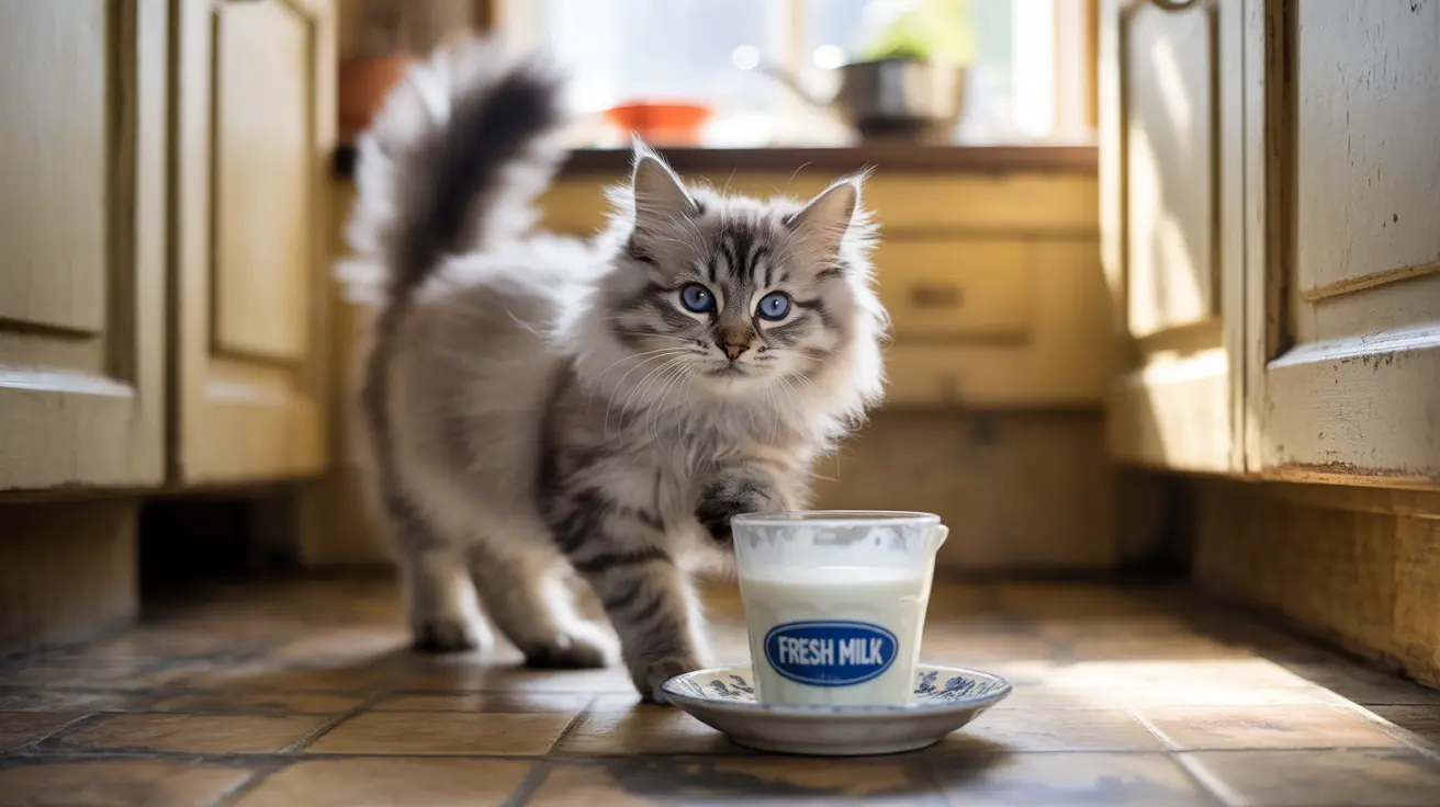A fluffy gray and white Siberian kitten standing near a fresh milk cup in a sunlit kitchen