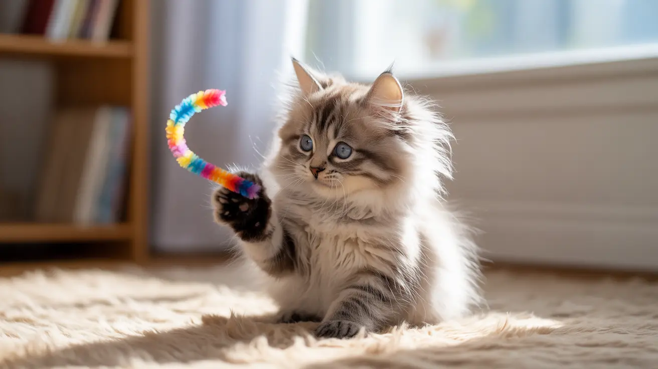 A fluffy Siberian kitten playing with a colorful rainbow toy on a soft rug.