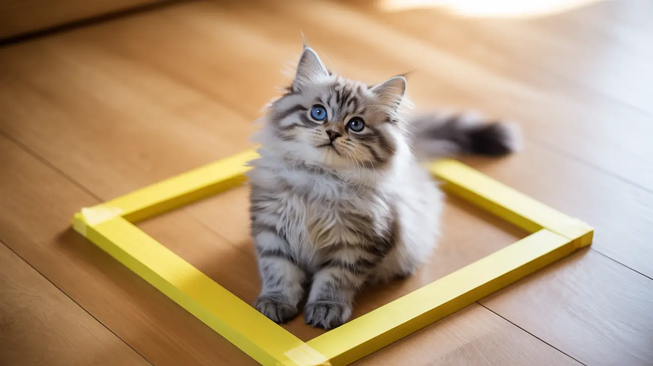 A fluffy Siberian kitten sitting inside a bright yellow square outline on a wooden floor