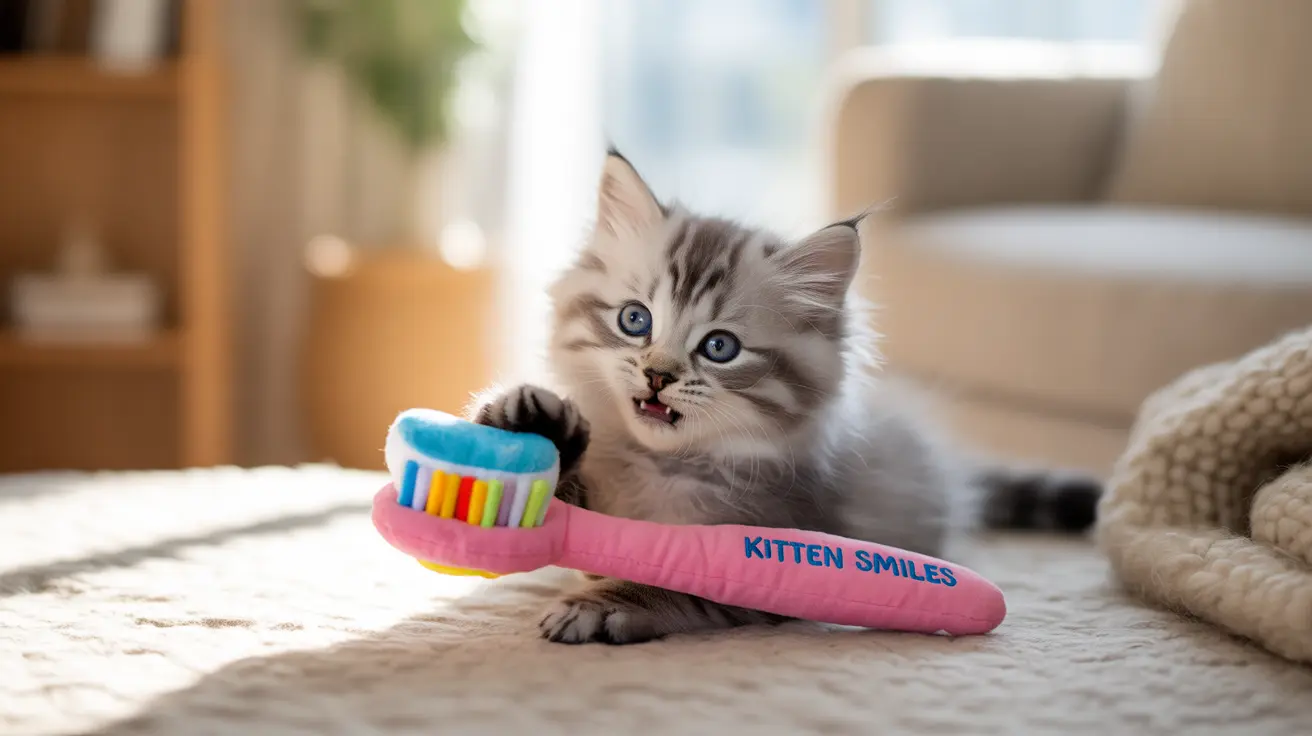 A playful Siberian kitten poses with an oversized pink toothbrush with colorful bristles