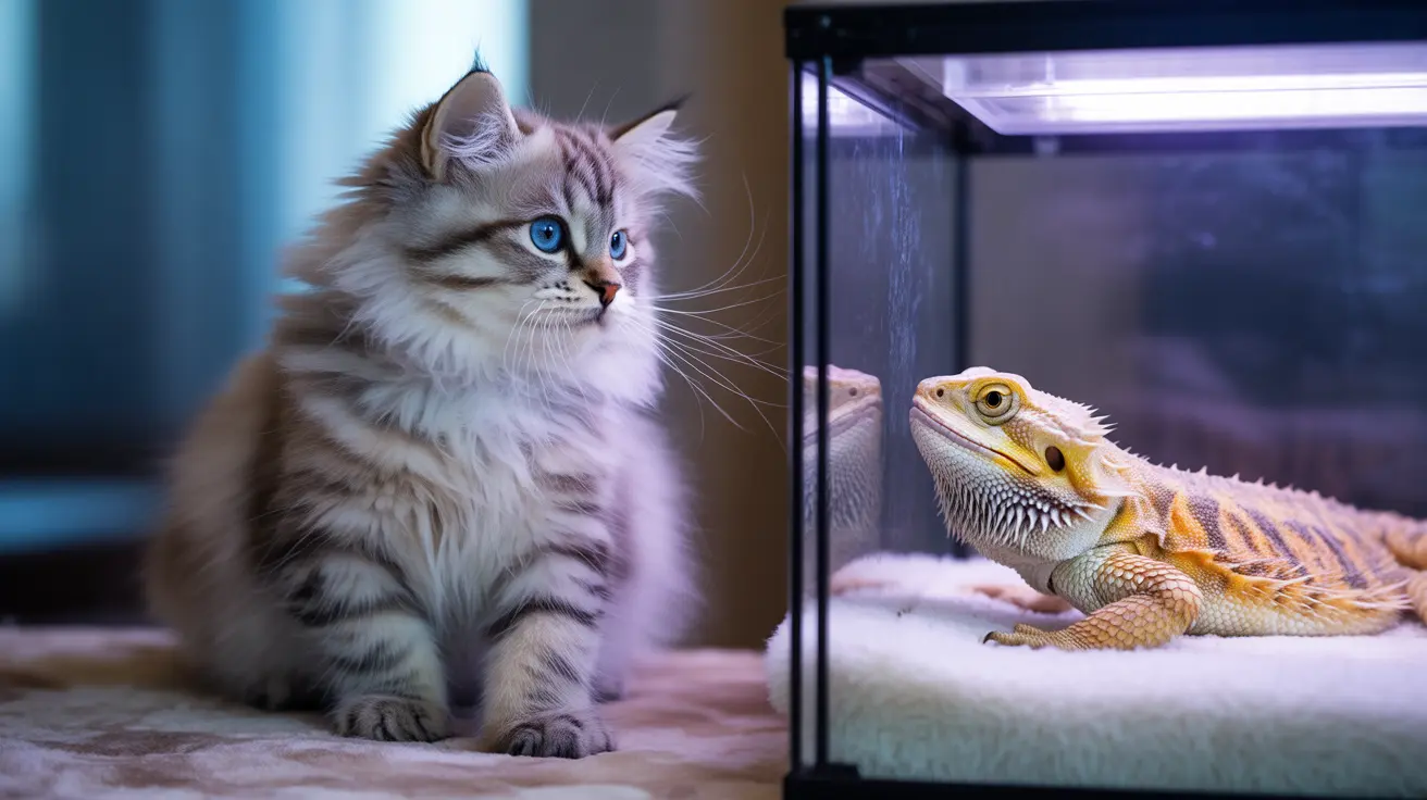 A fluffy Siberian or Norwegian Forest cat sitting next to a terrarium containing a bearded dragon lizard