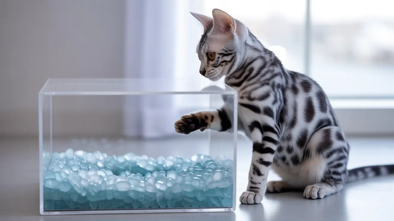A silver Bengal cat curiously examining a clear container filled with blue water beads