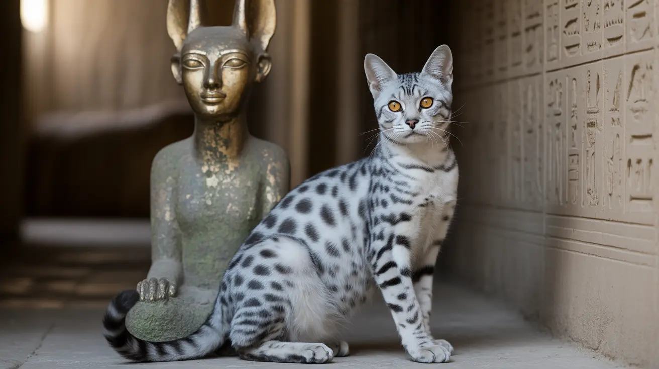 A silver Bengal cat sitting next to an Egyptian-style bronze statue with hieroglyphic walls in the background