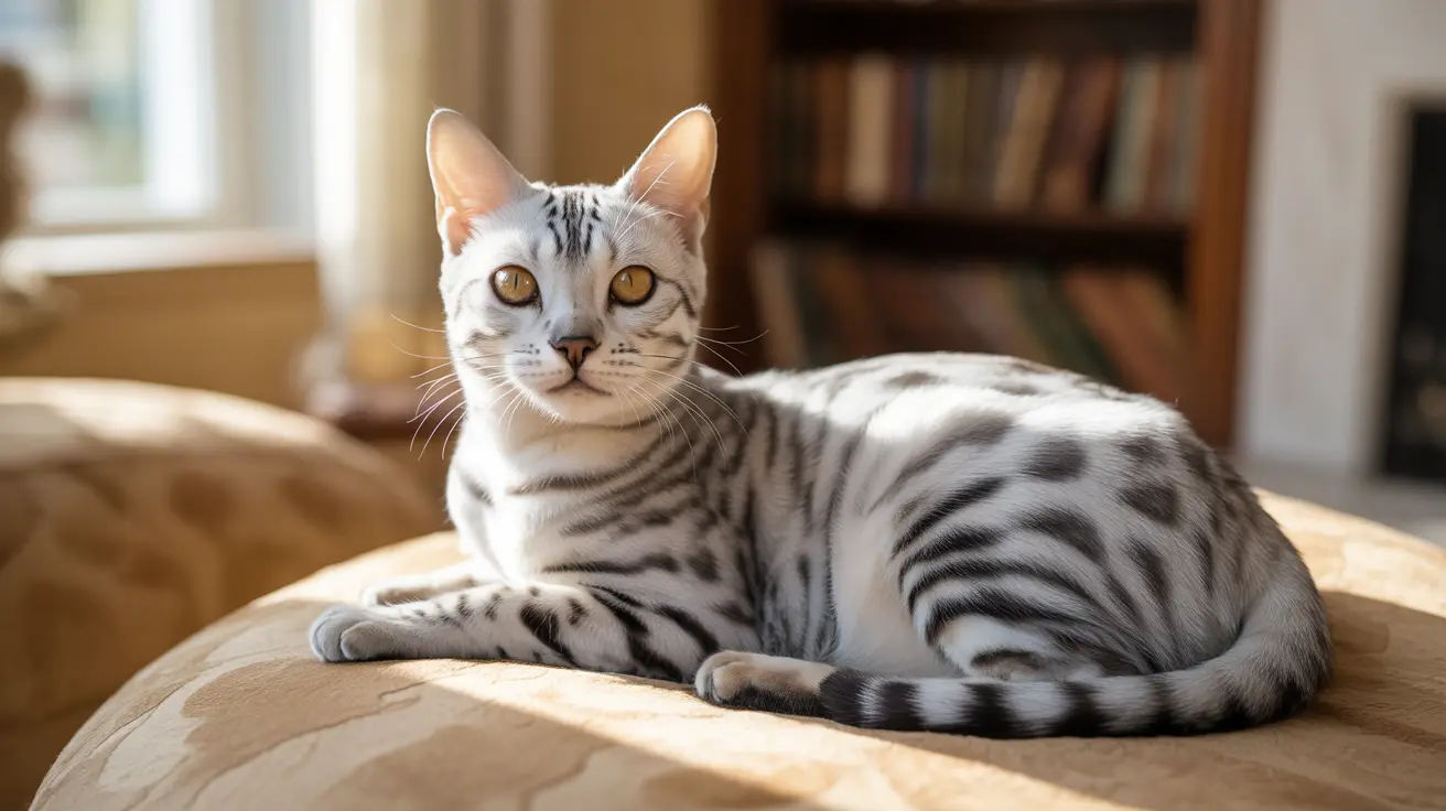 A silver and white Bengal cat with striking golden eyes sitting elegantly on a beige cushion or chair