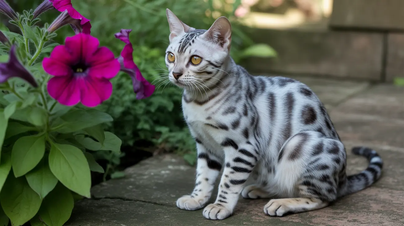 Silver and white Bengal cat sitting on stone surface beside a vibrant pink flower