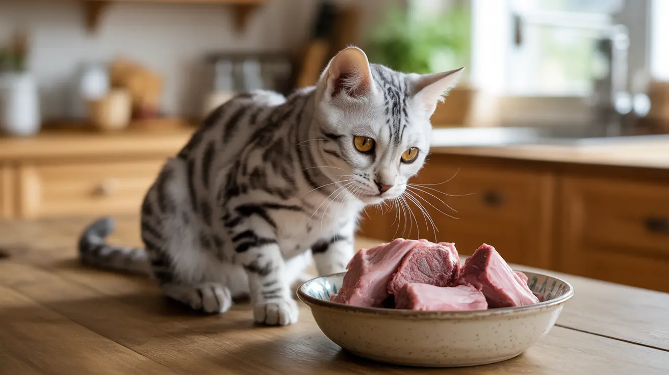Silver Bengal cat sitting near a bowl of raw meat in a kitchen setting