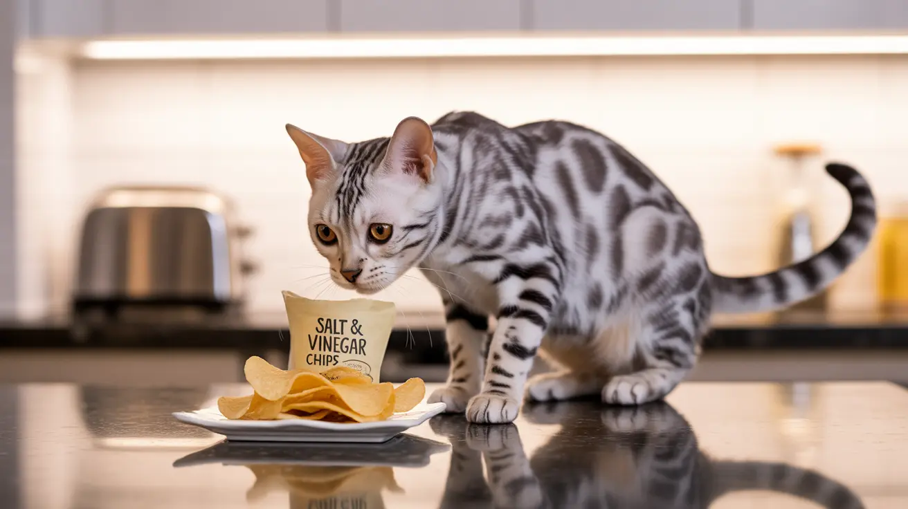 銀色のベンガル猫がキッチンのカウンターの上で塩ビネガーチップスの袋の隣に座っている様子