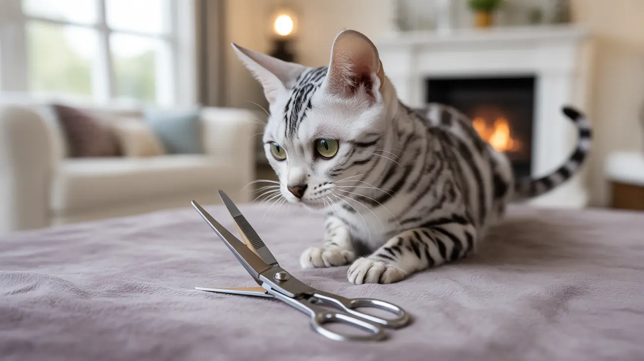 A silver Bengal cat next to scissors on a gray blanket with a fireplace