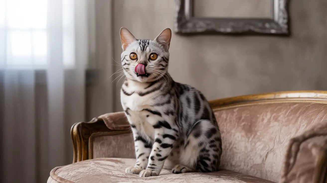 Un gato bengala plateado sentado en una silla elegante tapizada, sacando la lengua de manera juguetona.