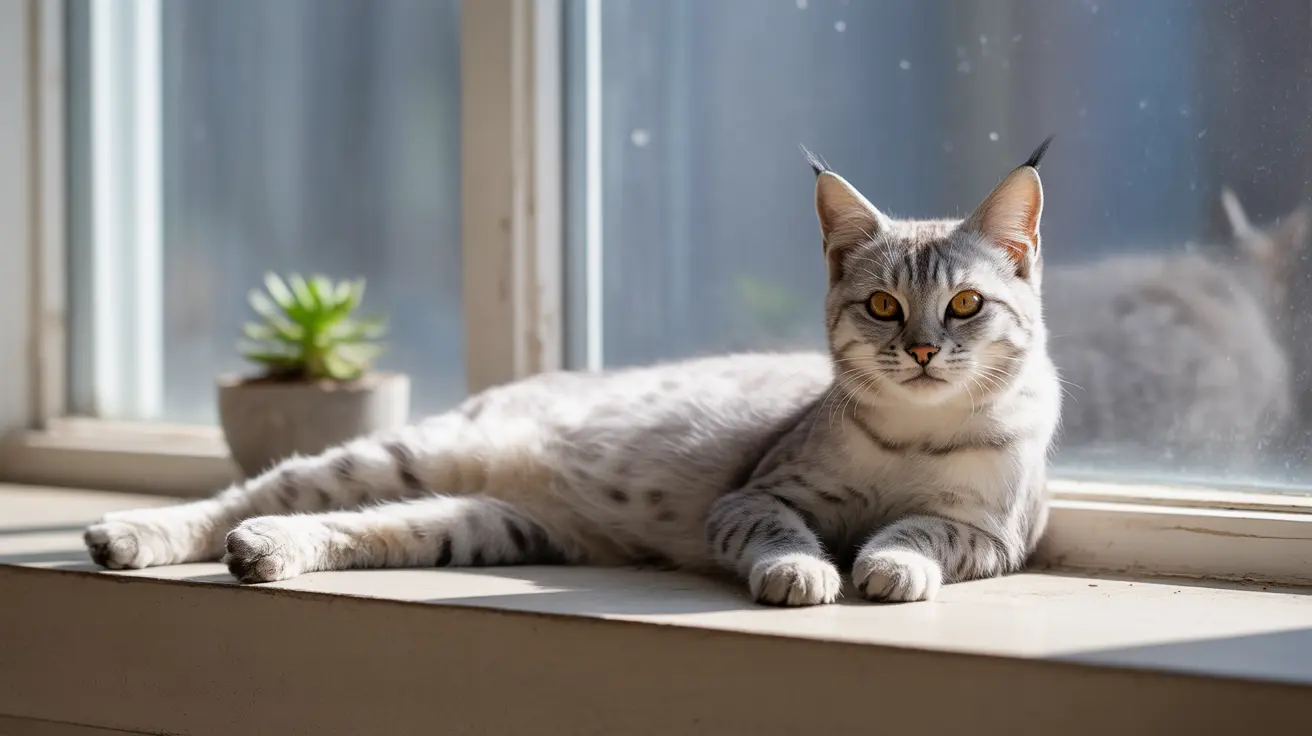 A silver Bengal cat lounging peacefully on a windowsill in soft natural light.