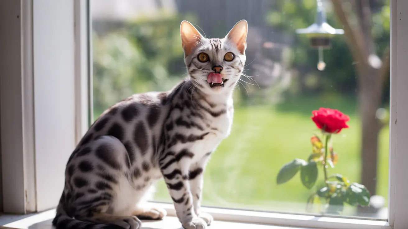 Silver and black Bengal cat sitting on a windowsill with tongue playfully sticking out