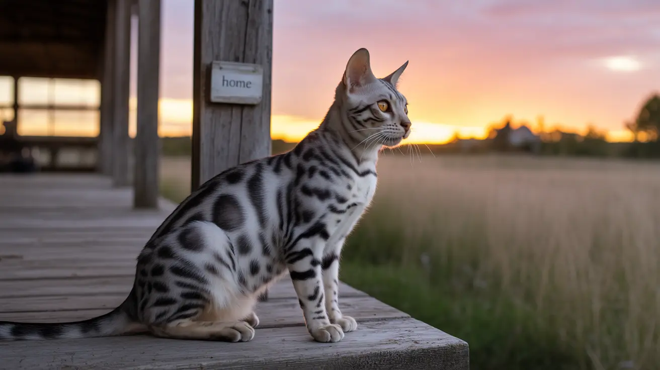 A silver and black spotted Bengal cat sitting on a wooden deck at sunset