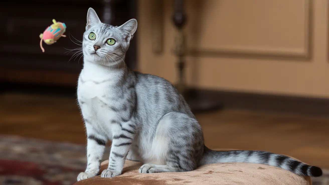 Silver Egyptian Mau cat sitting alertly with a colorful toy mouse nearby