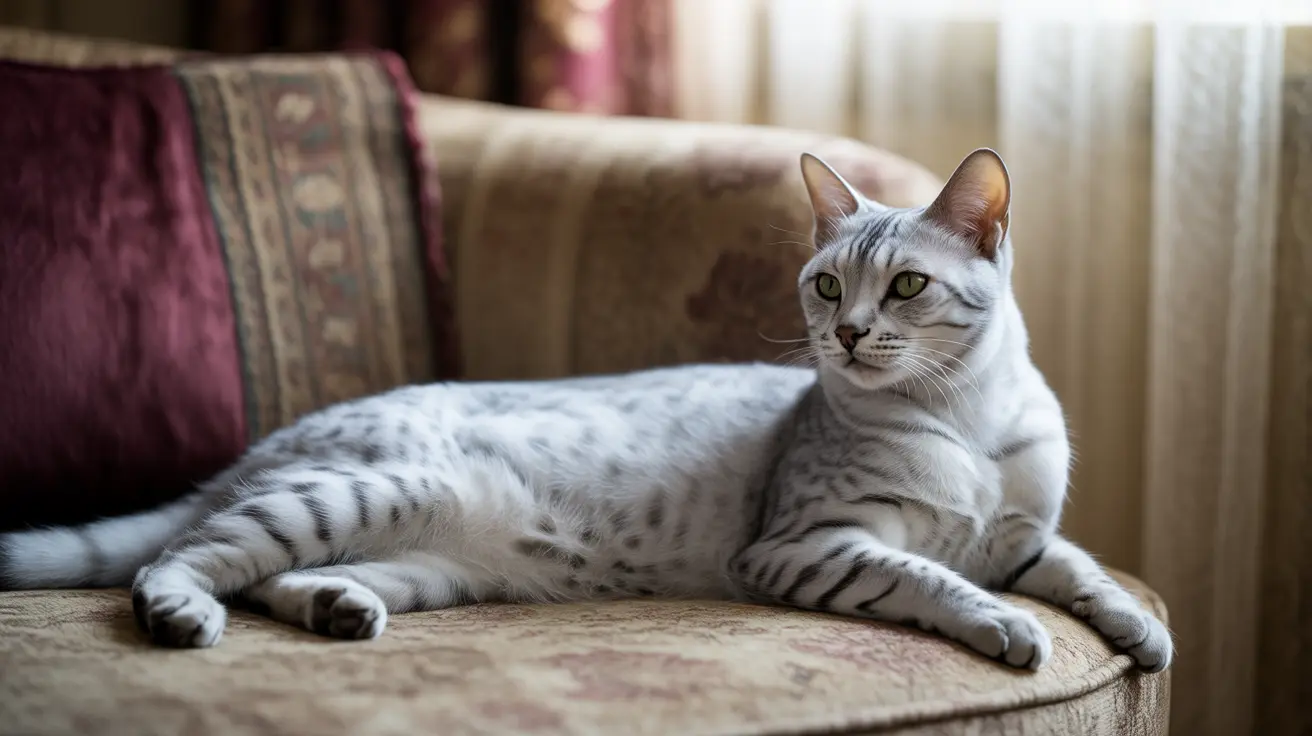A silver Egyptian Mau cat lounging gracefully on an ornate patterned armchair