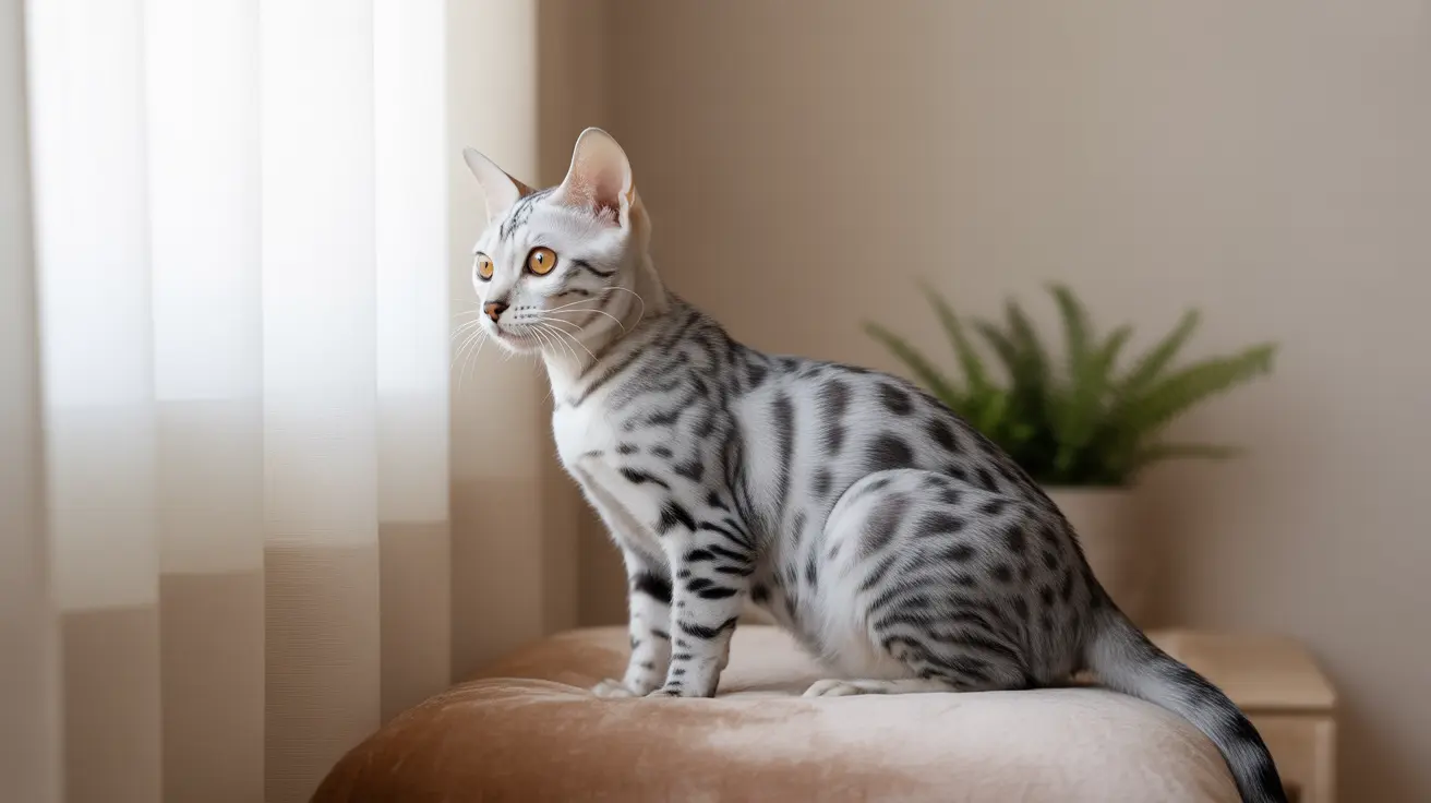 A silver and gray Bengal cat sitting alertly on a beige cushion, looking to the side with bright yellow eyes.