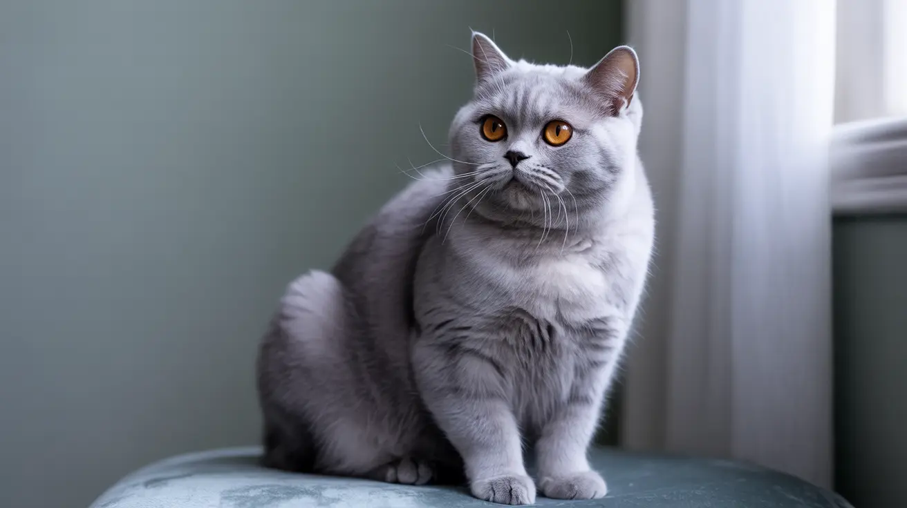 A silver-gray British Shorthair cat sitting elegantly near a window with striking golden-orange eyes.