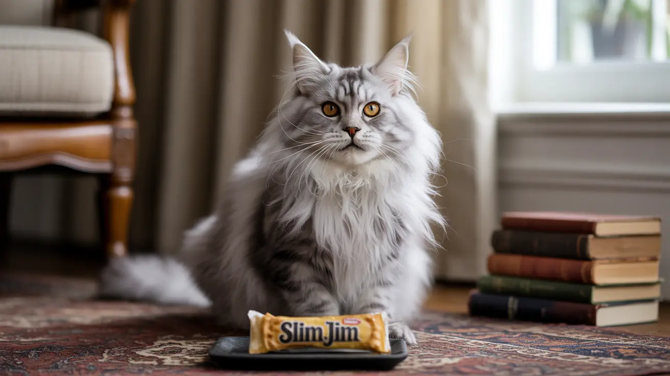 Un gato Maine Coon plateado y esponjoso sentado de manera regia junto a una barra de snack Slim Jim con libros al fondo