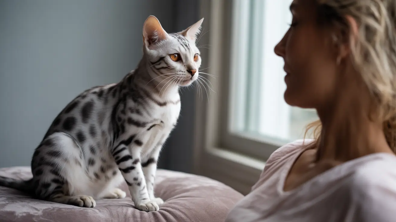 A silver-spotted Bengal cat alert on soft pink bedding by window