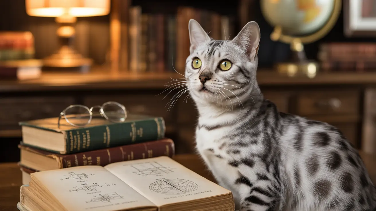 A silver tabby Bengal cat sitting next to an open book with diagrams in a cozy, book-filled study