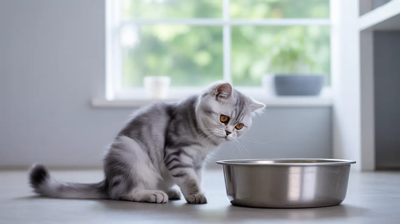 A silver tabby British Shorthair cat sitting beside a metal food bowl near a bright window