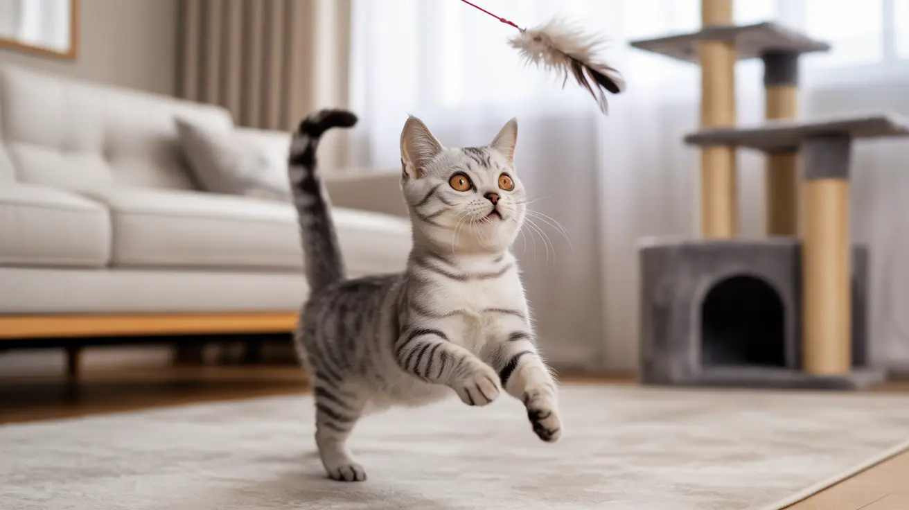 Silver tabby British Shorthair cat playing with feather toy in modern living room