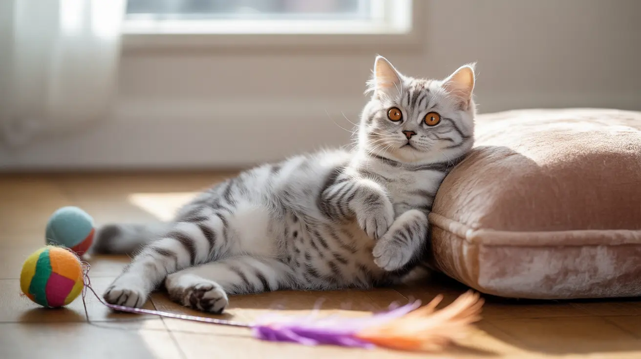A silver tabby British Shorthair cat lounging comfortably near a cat toy