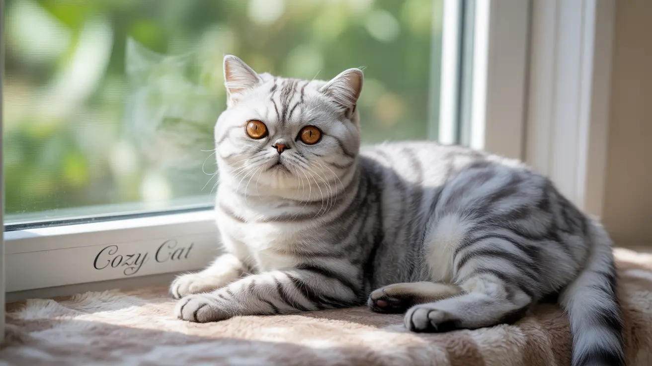 A silver tabby British Shorthair cat lounging peacefully by a window