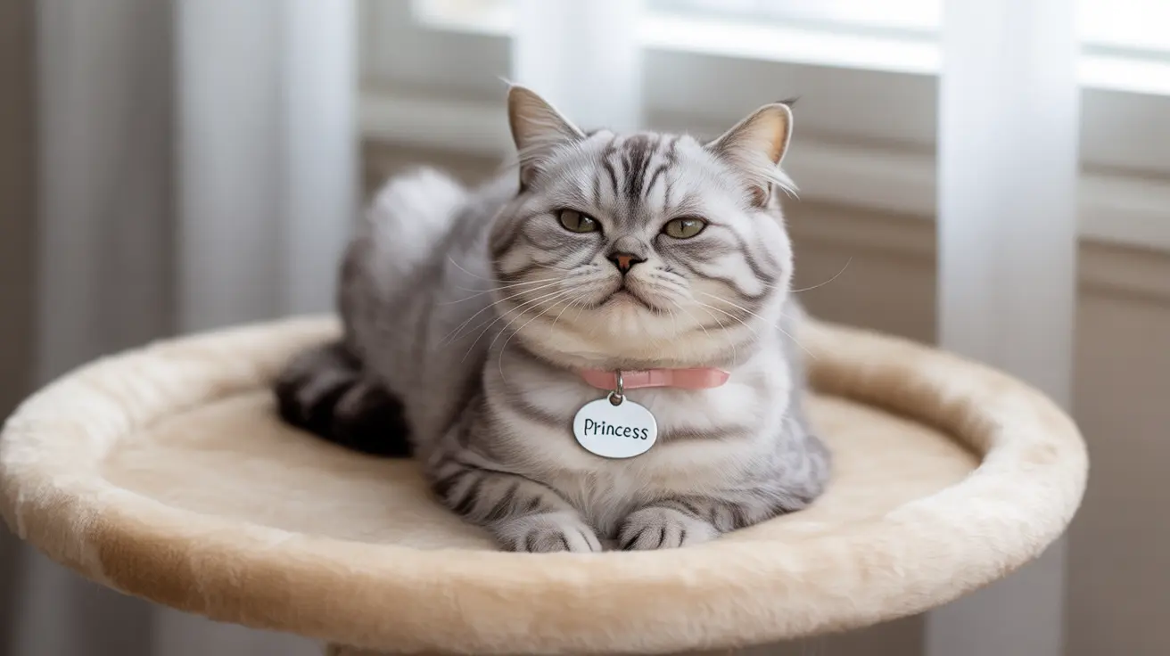 Un gato atigrado plateado sentado con porte regio sobre una cama circular suave y beige con un collar rosa y placa con nombre.