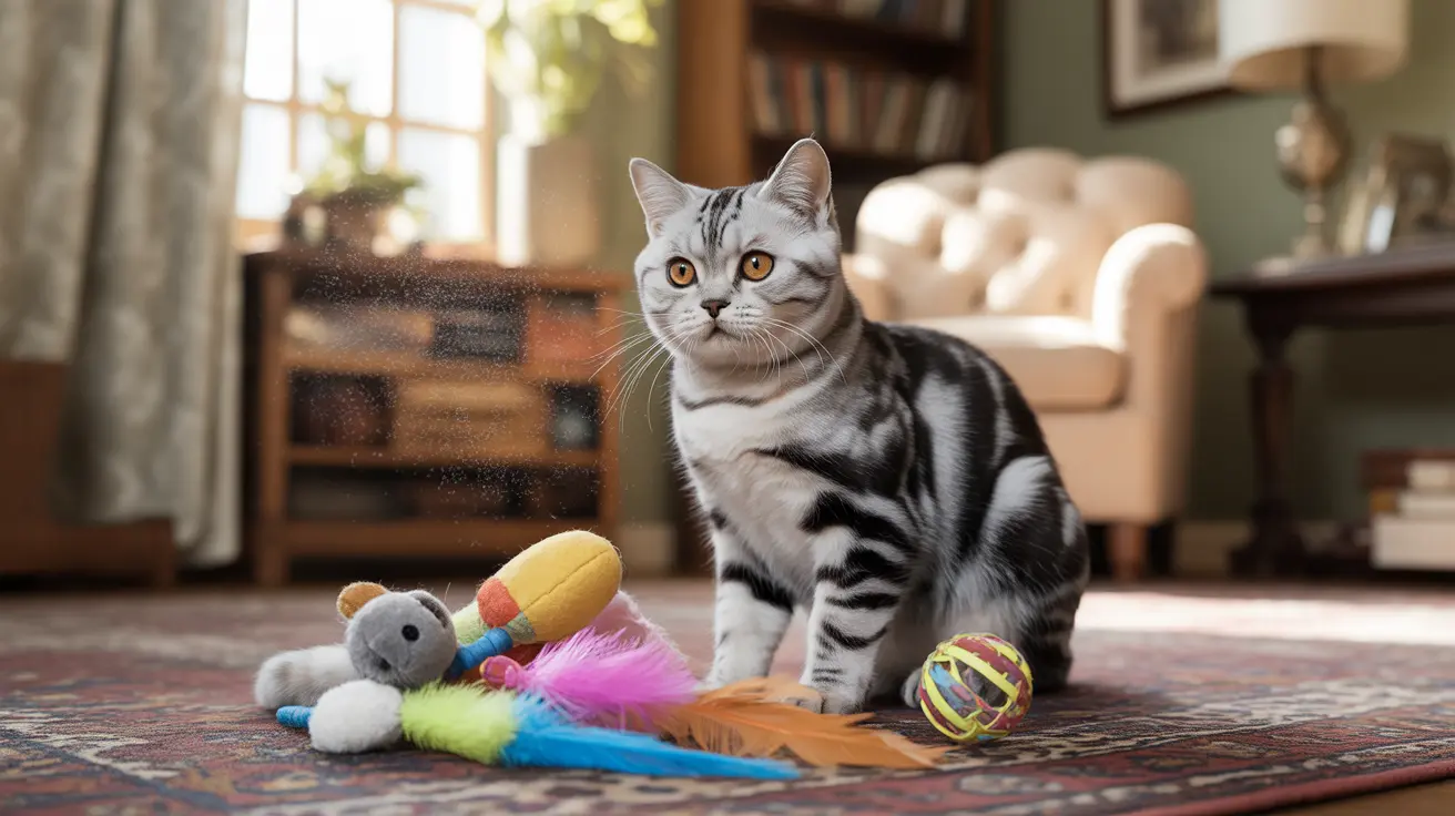 A silver tabby cat sitting alertly on a patterned rug surrounded by colorful cat toys