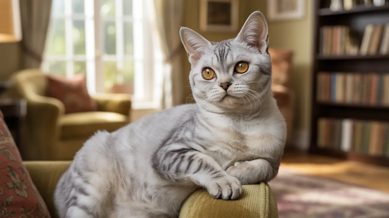 明るいリビングルームのソファに座っている銀色のタビー猫
