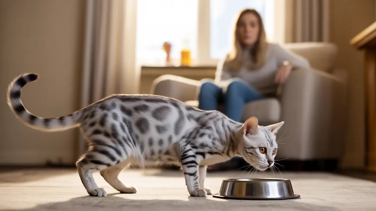 Silver tabby cat eating from metal food bowl with owner sitting on couch in background