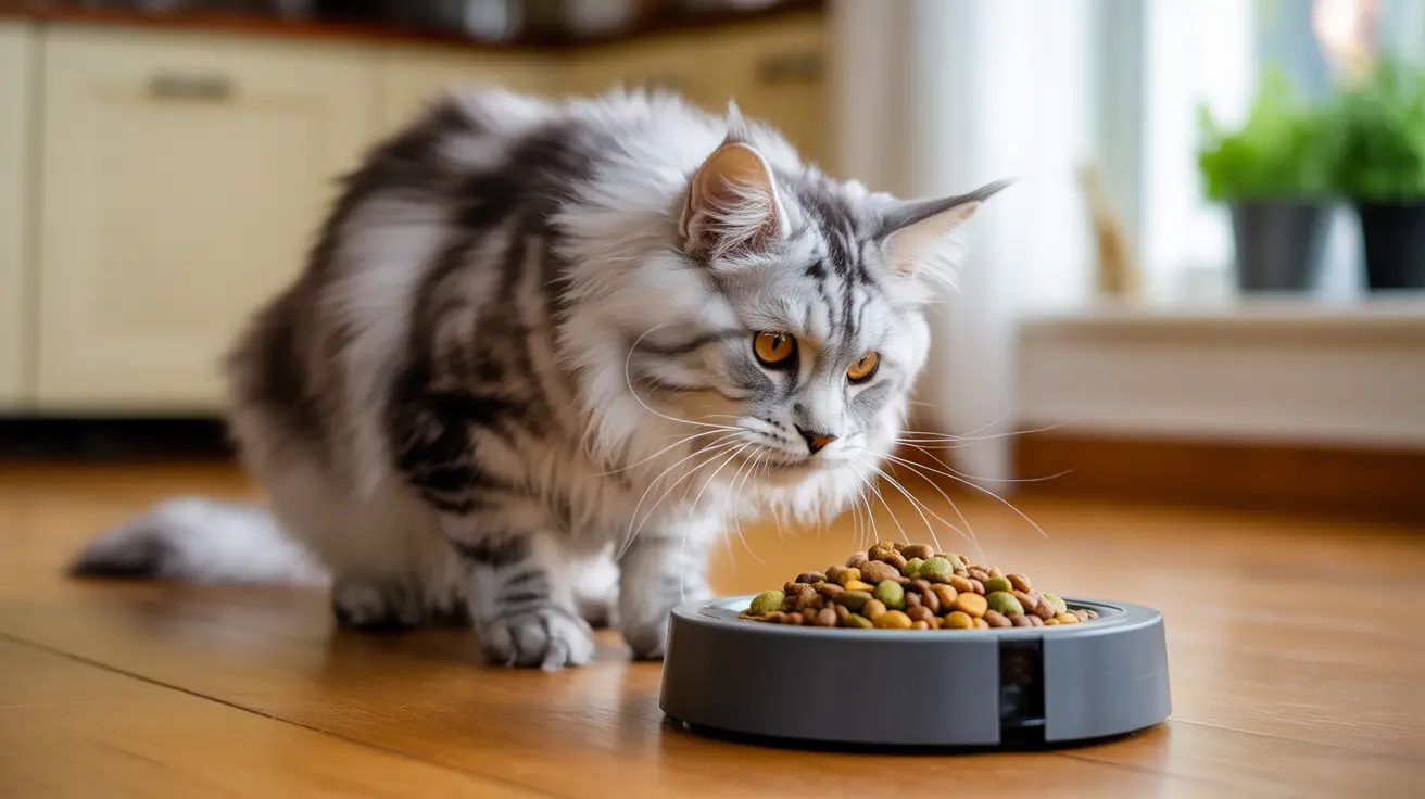 Silver tabby cat with amber eyes eating colorful kibble from a bowl on wooden kitchen floor