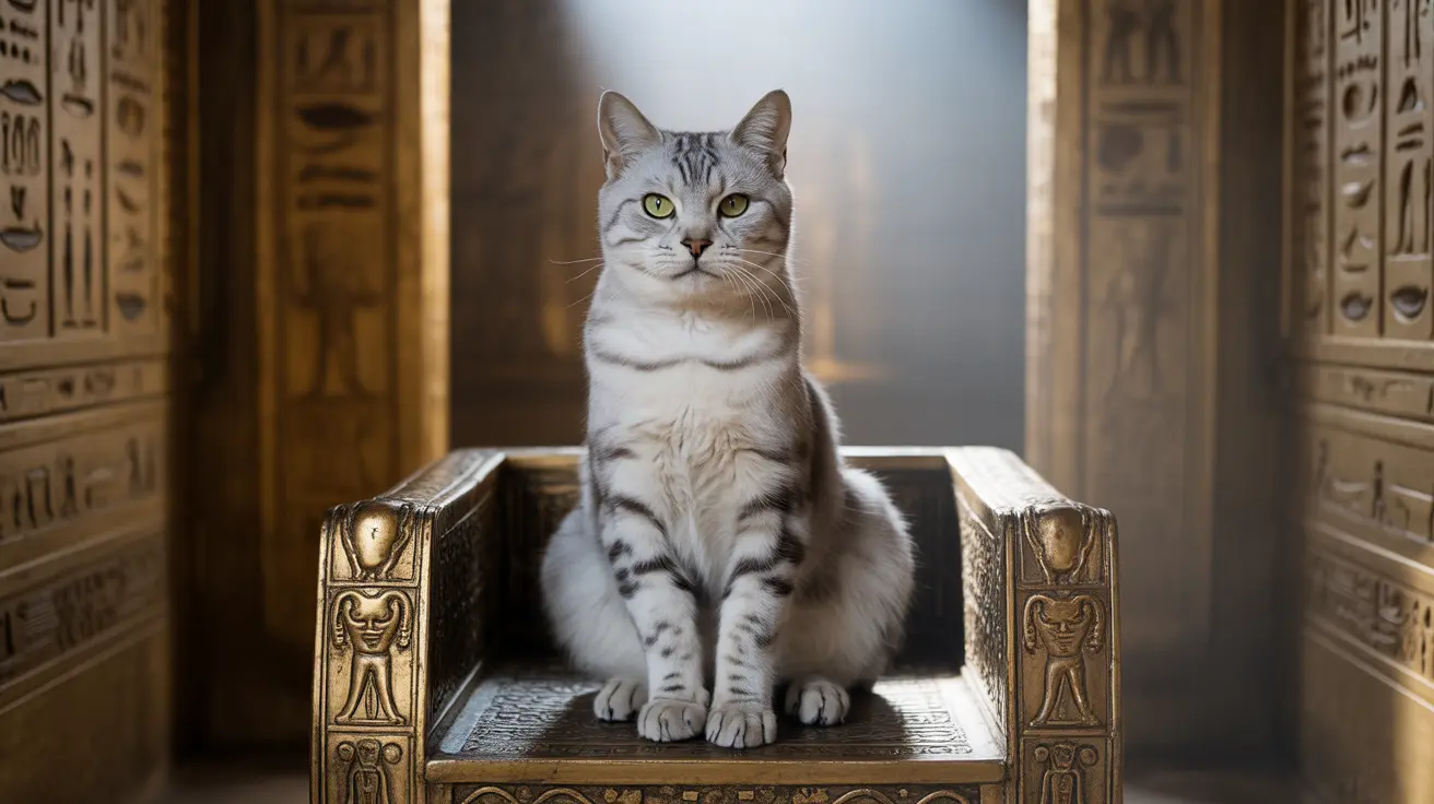 銀色のタビー猫が豪華なエジプト風の玉座または椅子に堂々と座っている様子