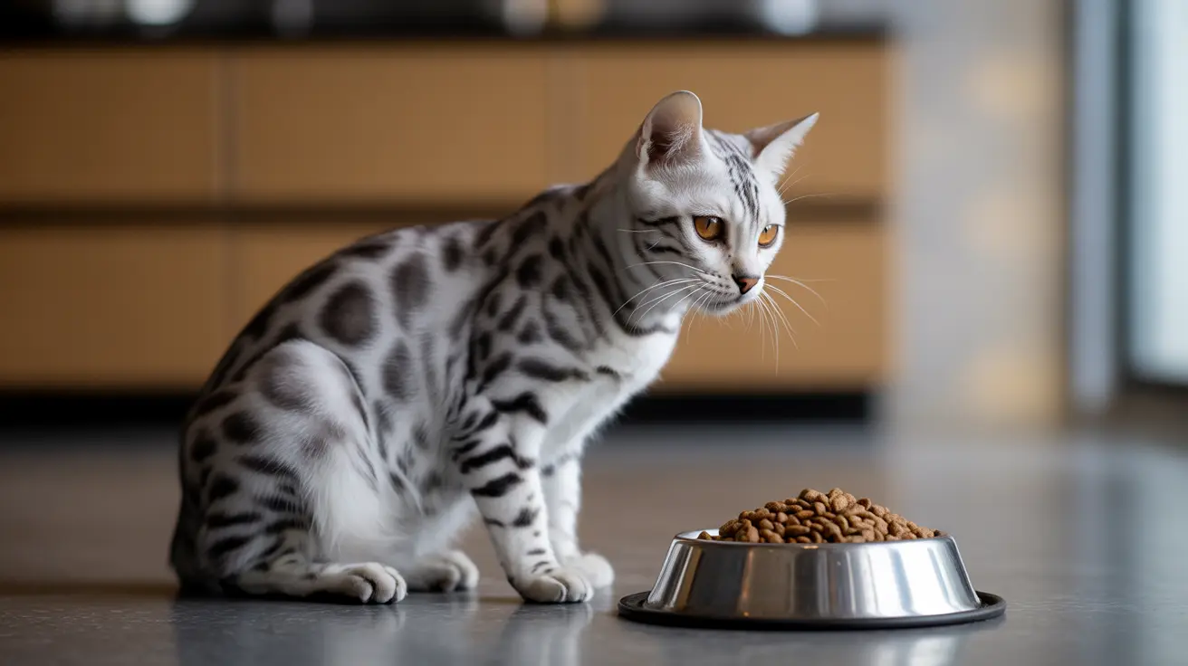 Silver tabby cat sitting next to a stainless steel food bowl with kibble on kitchen floor