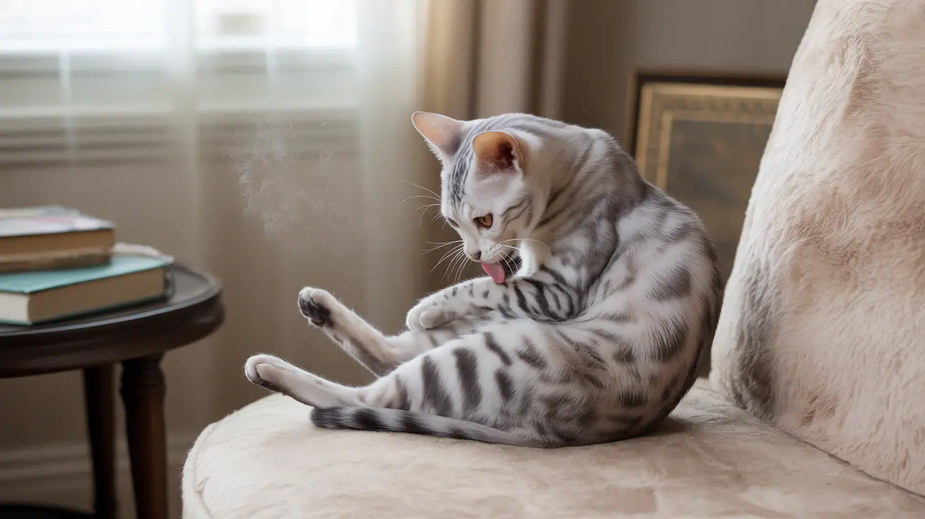 A silver tabby cat grooming itself while sitting on a light-colored chair