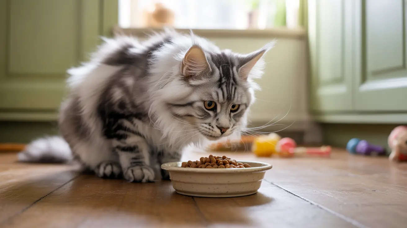 Silver tabby cat sitting beside a bowl of kibble on a wooden floor indoors