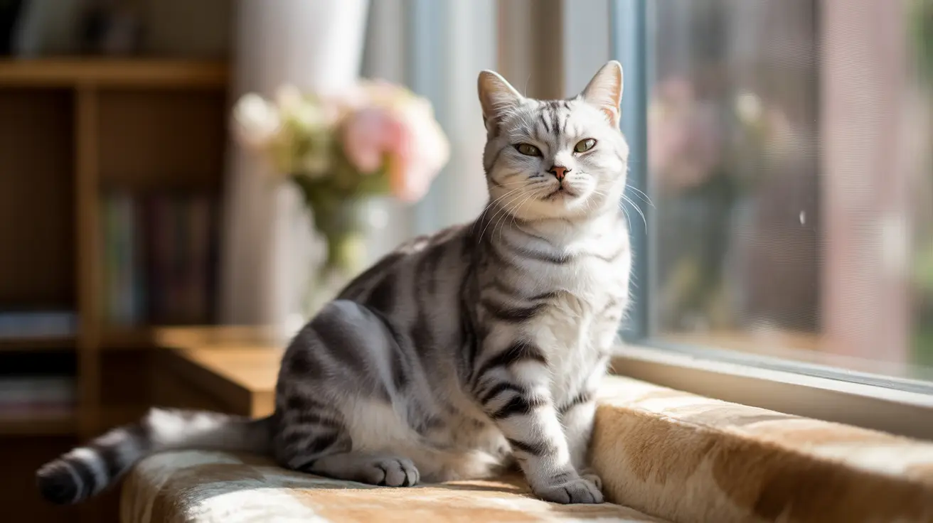 Un gato atigrado plateado sentado elegantemente en el alféizar de una ventana, bañado en suave luz natural.