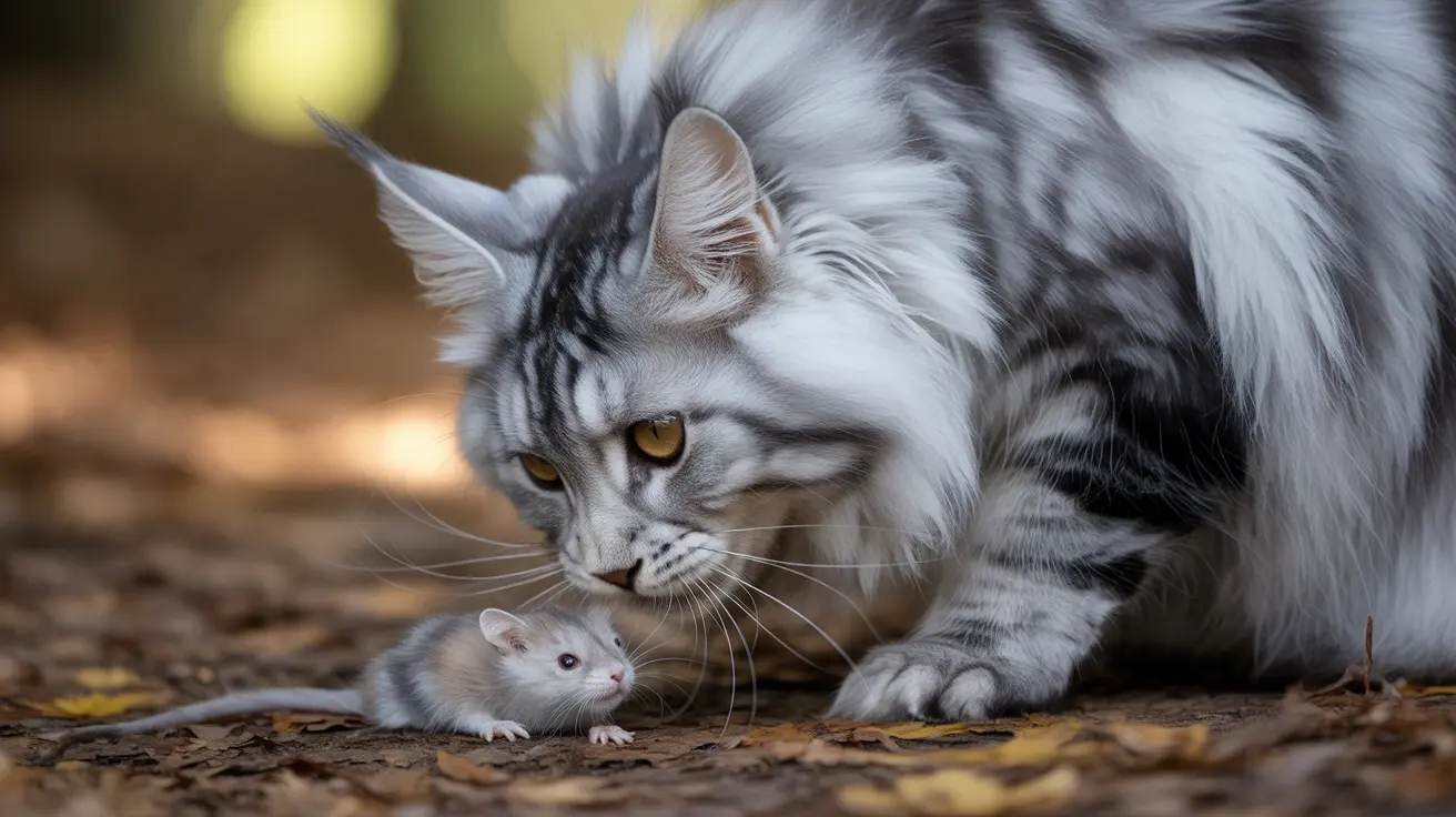 Un gato atigrado plateado agachado observando un pequeño ratón blanco en el suelo