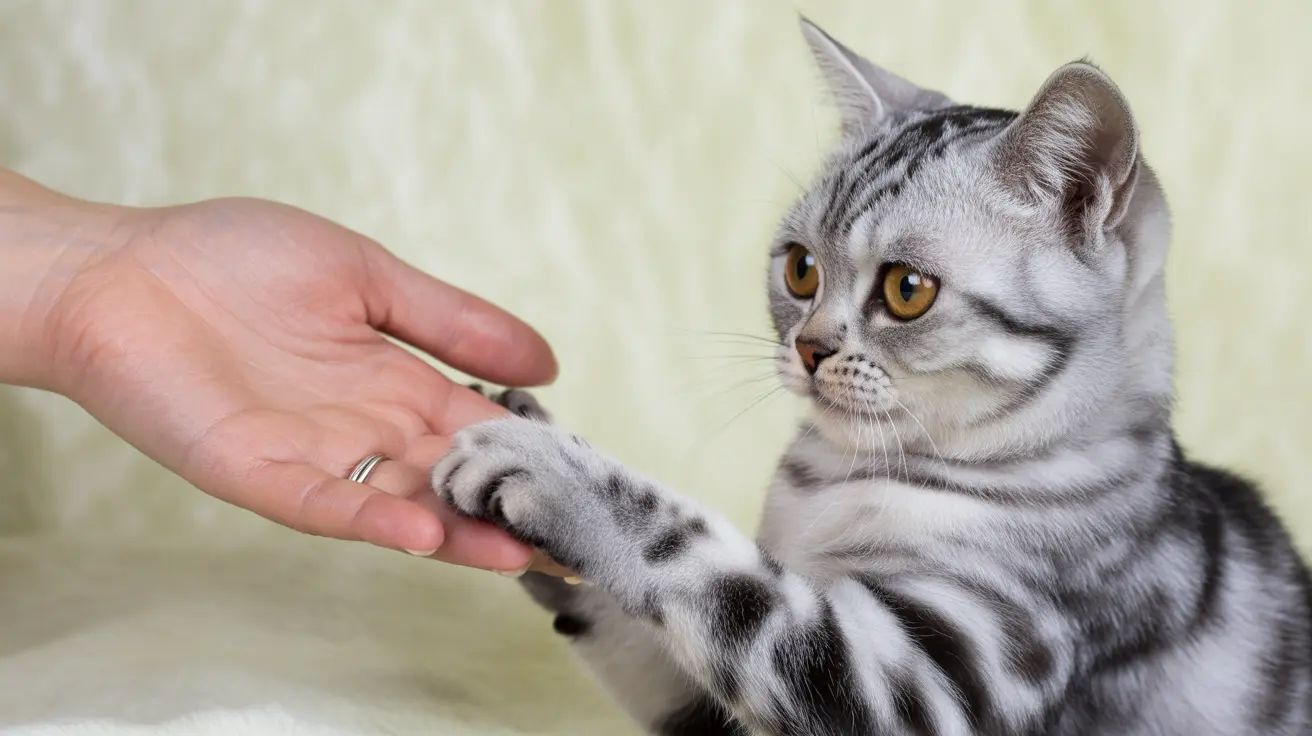 A silver tabby cat giving a paw to a human hand in a gentle interaction