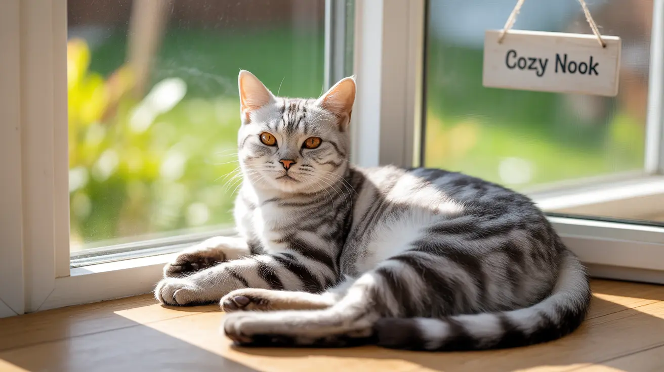 A silver tabby cat lounging comfortably by a sunny window