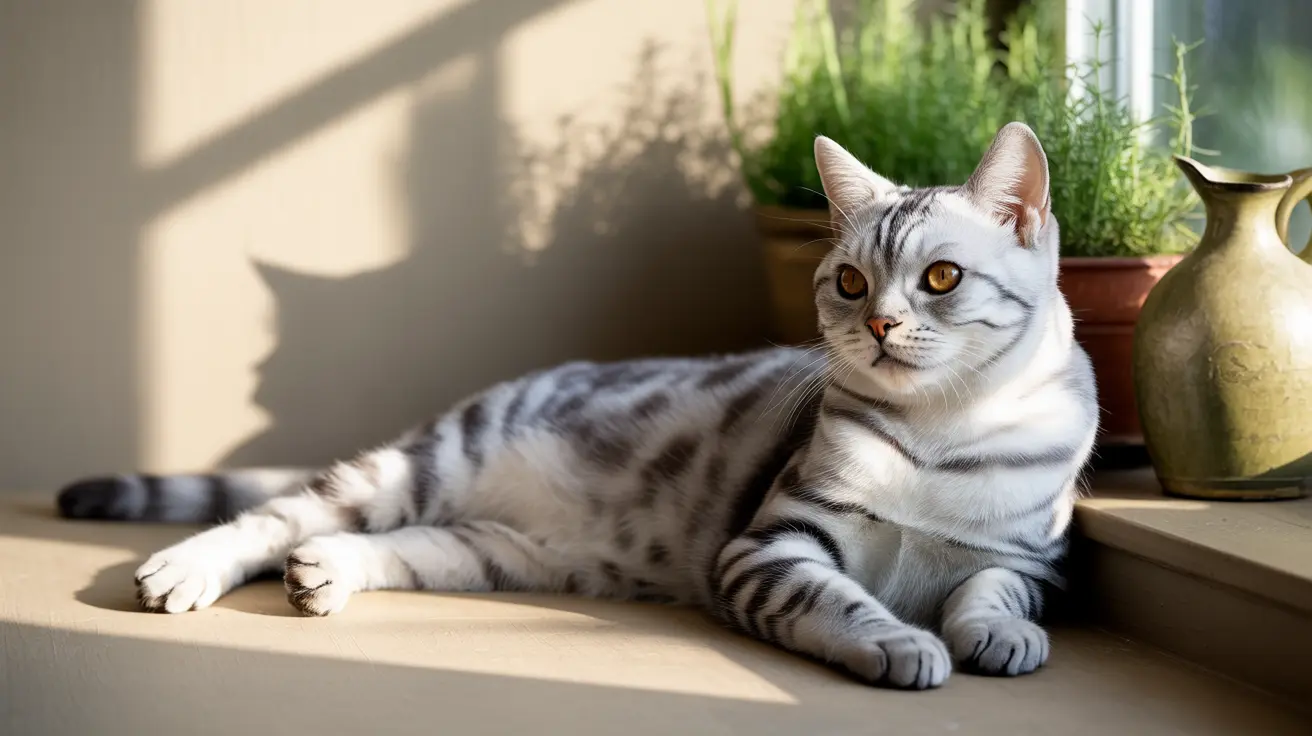 A silver tabby cat lounging by a sunny window with plants