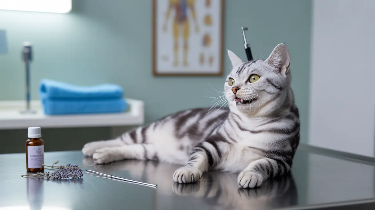 A silver tabby cat sitting on an examination table in a veterinary clinic, looking alert with a medical instrument nearby.