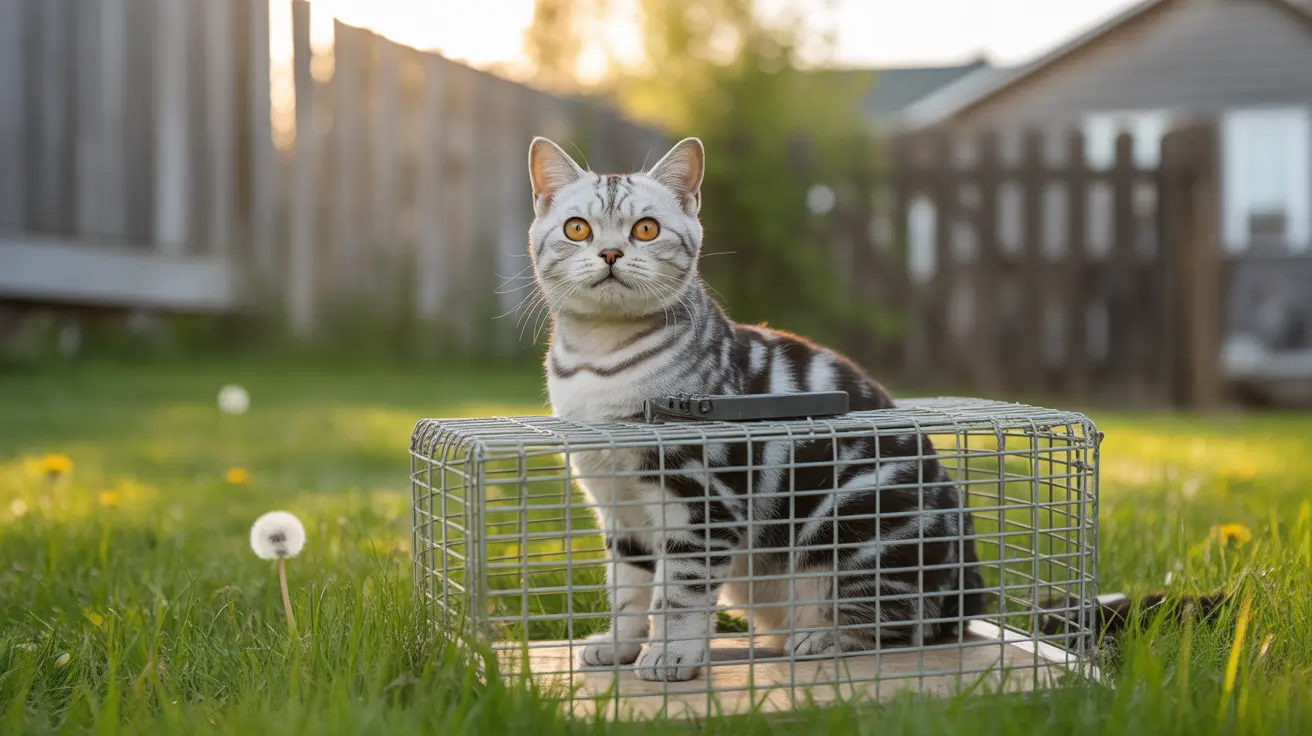 Silver tabby cat sitting on a wire cage in a grassy backyard during golden hour