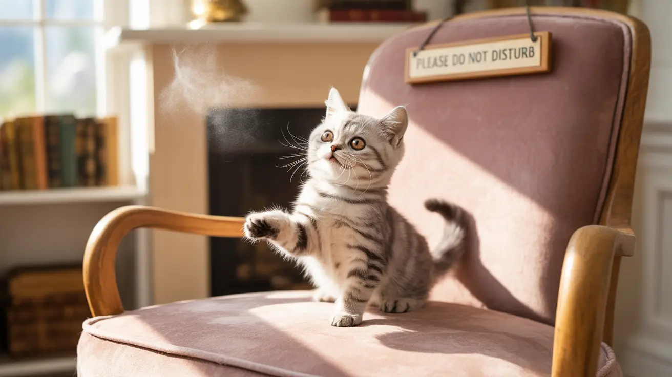 A playful silver tabby kitten sitting upright on a pink armchair, looking curious and alert